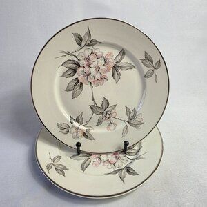 TWO Manor House Spring Glory Salad Plates Pink & White Floral Gray Leaves